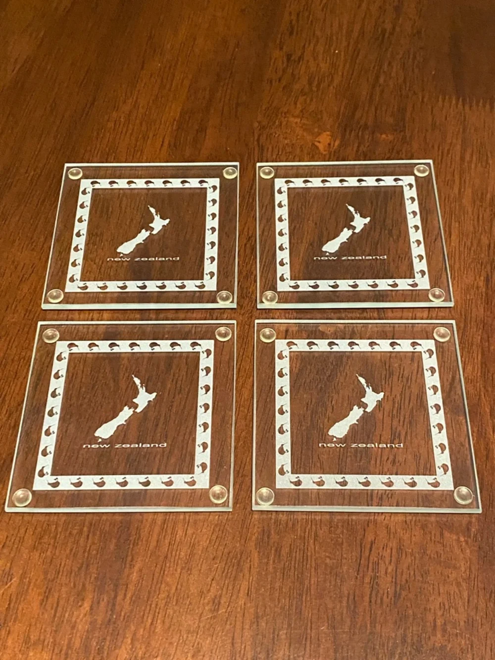 New Zealand Set of 4 Glass Coaster with Kiwi Birds and NZ Island